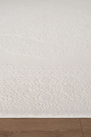 İndigo ID006W Beyaz Klasik Çerçeveli Desen Akrilik İplik Tozuaz Pamuk Taban Salon Mutfak Halısı