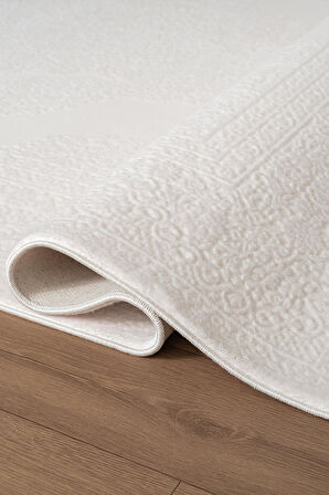 İndigo ID006W Beyaz Klasik Çerçeveli Desen Akrilik İplik Tozuaz Pamuk Taban Salon Mutfak Halısı