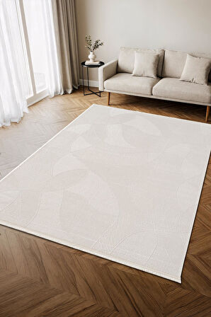 İndigo ID007W Beyaz Modern Desen Akrilik İplik Tozuaz Pamuk Taban Salon Mutfak Halısı