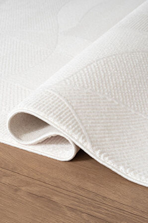 İndigo ID007W Beyaz Modern Desen Akrilik İplik Tozuaz Pamuk Taban Salon Mutfak Halısı