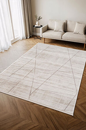 İndigo ID009G Krem Modern Desen Akrilik İplik Tozuaz Pamuk Taban Salon Mutfak Halısı