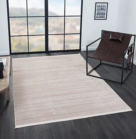 Lenda Ld001a Vizon Bej Kilim Çizgi Detaylı Ince Antialerjik Kaymaz Taban Makinada Yıkanabilir Halı