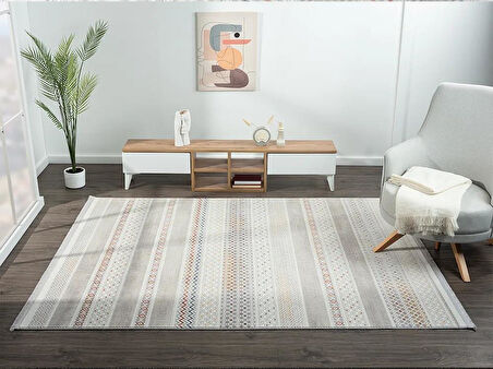 Lotus 8571 Gri Halı Renkli Kilim Desenli Modern İnce Akrilik Tozuaz Salon Oturma Odası Halısı