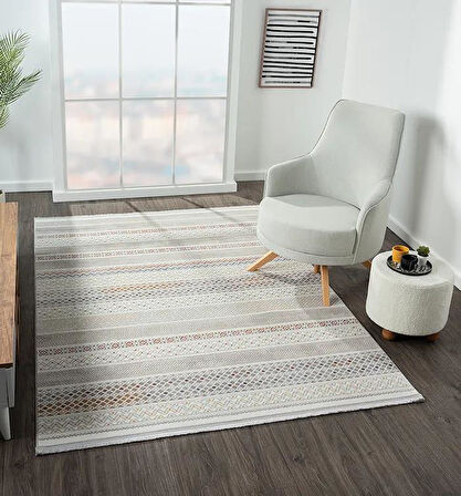 Lotus 8571 Gri Halı Renkli Kilim Desenli Modern İnce Akrilik Tozuaz Salon Oturma Odası Halısı