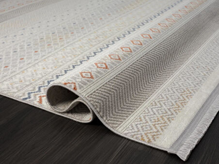 Lotus 8571 Gri Halı Renkli Kilim Desenli Modern İnce Akrilik Tozuaz Salon Oturma Odası Halısı