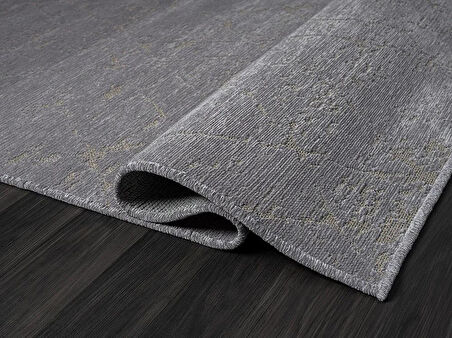 Lenda Ld005A Antrasit Kilim Gold Detaylı Ince Antialerjik Kaymaz Taban Makinede Yıkanabilir Halı