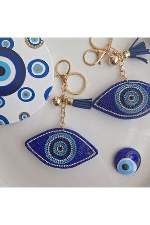 Lüks Hediyelik Nazar Boncuklu Taşlı Göz Anahtarlık - Çanta Süsü (14,X9,5 CM)
