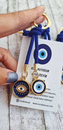 Lüks Hediyelik Çift Nazar Boncuklu Anahtarlık -  Lacivert (10,5 cm)