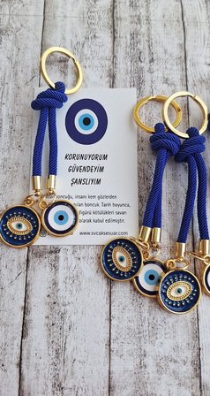 Lüks Hediyelik Çift Nazar Boncuklu Anahtarlık -  Lacivert (10,5 cm)