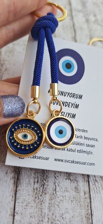 Lüks Hediyelik Çift Nazar Boncuklu Anahtarlık -  Lacivert (10,5 cm)