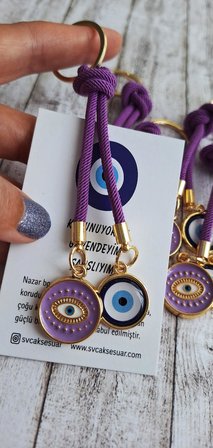 Hediyelik Çift Nazar Boncuklu Anahtarlık - Mor (10,5 cm)