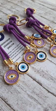 Hediyelik Çift Nazar Boncuklu Anahtarlık - Mor (10,5 cm)