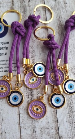 Hediyelik Çift Nazar Boncuklu Anahtarlık - Mor (10,5 cm)