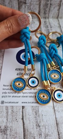 Hediyelik Çift Nazar Boncuklu Anahtarlık -  Mavi (10,5 cm)