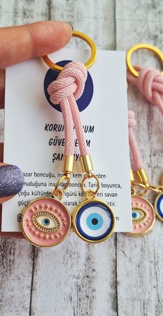 Hediyelik Vip Çift Nazar Boncuklu Ipli Anahtarlık - Çanta Süsü 10,5 Cm Pembe