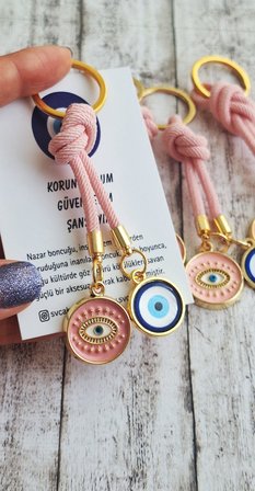 Hediyelik Vip Çift Nazar Boncuklu Ipli Anahtarlık - Çanta Süsü 10,5 Cm Pembe