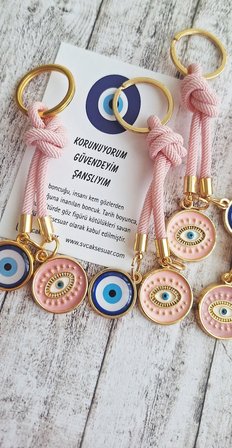 Hediyelik Vip Çift Nazar Boncuklu Ipli Anahtarlık - Çanta Süsü 10,5 Cm Pembe