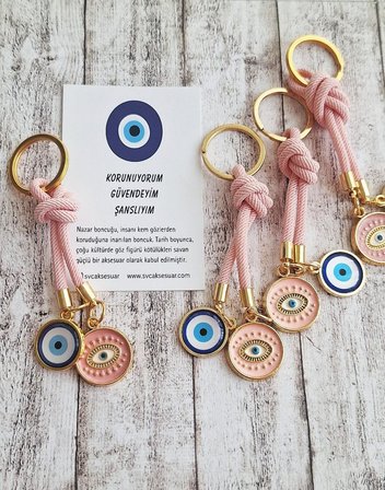 Hediyelik Vip Çift Nazar Boncuklu Ipli Anahtarlık - Çanta Süsü 10,5 Cm Pembe
