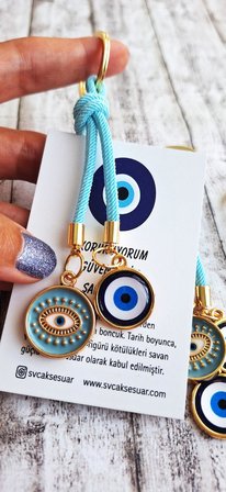 Hediyelik Çift Nazar Boncuklu Açık Mavi Anahtarlık - Çanta Süsü - Çanta Charmı 10,5cm