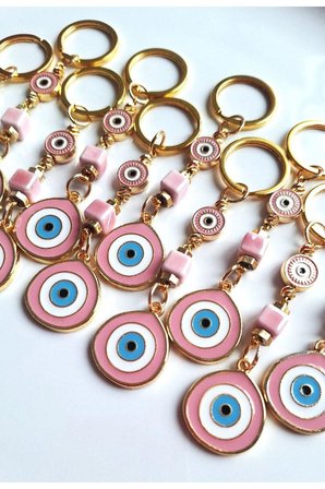 Hediyelik 10'lu Büyük Nazar Boncuklu Pembe Anahtarlık (Boyu 10,5 cm)