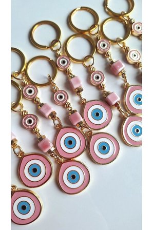 Hediyelik 10'lu Büyük Nazar Boncuklu Pembe Anahtarlık (Boyu 10,5 cm)