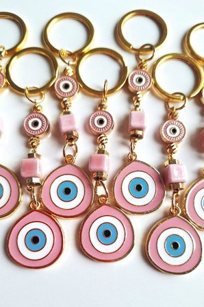 Hediyelik 10'lu Büyük Nazar Boncuklu Pembe Anahtarlık (Boyu 10,5 cm)