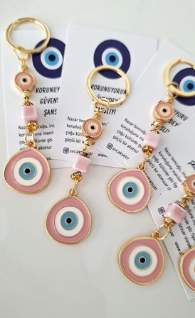Hediyelik Büyük Nazar Boncuklu Şeker Pembe Anahtarlık (10,5 CM)