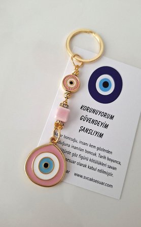 Hediyelik Büyük Nazar Boncuklu Şeker Pembe Anahtarlık (10,5 CM)
