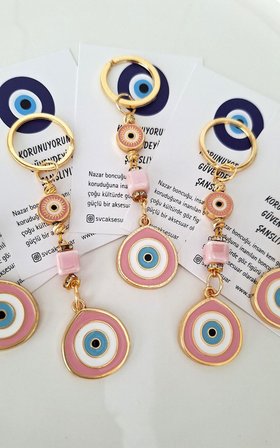 Hediyelik Büyük Nazar Boncuklu Şeker Pembe Anahtarlık (10,5 CM)