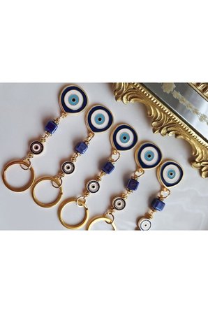 Yeni Yıl Hediyesi 5'li Lüks Hediyelik Zirkon Taşlı Büyük Nazar Boncuklu Lacivert Anahtarlık 10,5 Cm