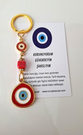 Hediyelik Büyük Nazar Boncuklu Kırmızının Şansı Anahtarlık - 10,5 cm