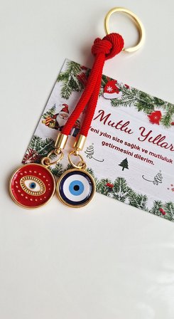 Yeni Yıl Hediyesi Çift Nazar Boncuklu Kırmızının Şansı Anahtarlık