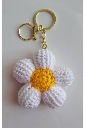 Hediyelik Papatya Örgü Anahtarlık - Çanta Süsü - 13 cm