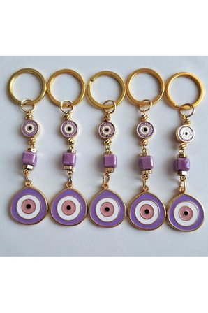 Hediyelik 5'li Büyük Nazar Boncuklu Mor Anahtarlık 10 cm - Adet Fiyatı