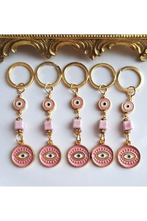 Hediyelik 5'li Zirkon Taşlı Nazar Boncuklu Pembe Şık Anahtarlık 10,5 cm