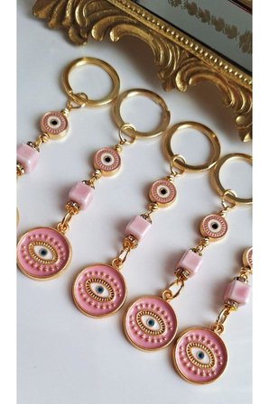 Hediyelik 5'li Zirkon Taşlı Nazar Boncuklu Pembe Şık Anahtarlık 10,5 cm