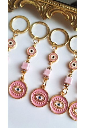 Hediyelik 5'li Zirkon Taşlı Nazar Boncuklu Pembe Şık Anahtarlık 10,5 cm