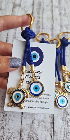 Hediyelik Çift Nazar Boncuklu Lacivert Kaplumbağa Anahtarlık 10,5 cm
