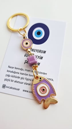 Hediyelik Nazar Boncuklu Şans Balık Anahtarlık - Mor 10 cm
