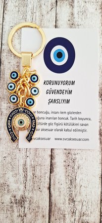 Hediyelik Çoklu Nazar Boncuklu Bolluk Bereket Nal Anahtarlık - Saks Mavi