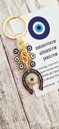Hediyelik Çoklu Nazar Boncuklu Bolluk Bereket Nal Anahtarlık - Saks Mavi