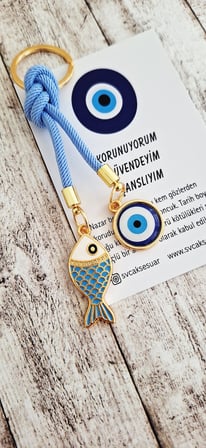 Hediyelik Marin Serisi Nazar Boncuklu Şans Balık Anahtarlık - Açık Mavi