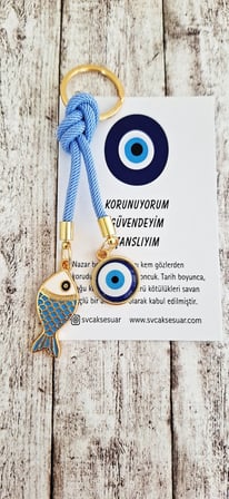 Hediyelik Marin Serisi Nazar Boncuklu Şans Balık Anahtarlık - Açık Mavi
