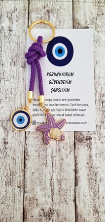 Hediyelik Marin Serisi Nazar Boncuklu Denizyıldızı Şans Anahtarlık - Mor 