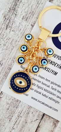 Hediyelik Çoklu Nazar Boncuklu Göz Model Anahtarlık - Saks Mavi