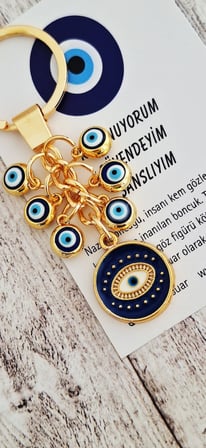 Hediyelik Çoklu Nazar Boncuklu Göz Model Anahtarlık - Saks Mavi