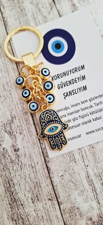 Hediyelik Çoklu Nazar Boncuklu Fatma Ana Eli Anahtarlık - Saks Mavi