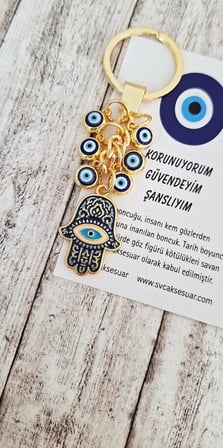 Hediyelik Çoklu Nazar Boncuklu Fatma Ana Eli Anahtarlık - Saks Mavi