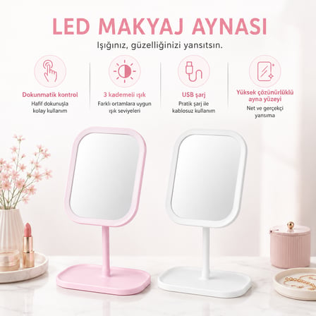 HUMAS LED Işıklı Masaüstü Makyaj Aynası, Dokunmatik Kontrollü, 3 Işık Modlu, USB Şarjlı Ayaklı Makyaj ve Bakım Aynası
