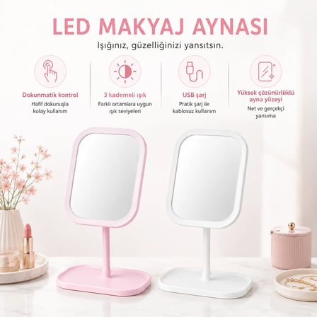 HUMAS LED Işıklı Masaüstü Makyaj Aynası, Dokunmatik Kontrollü, 3 Işık Modlu, USB Şarjlı Ayaklı Makyaj ve Bakım Aynası PEMBE